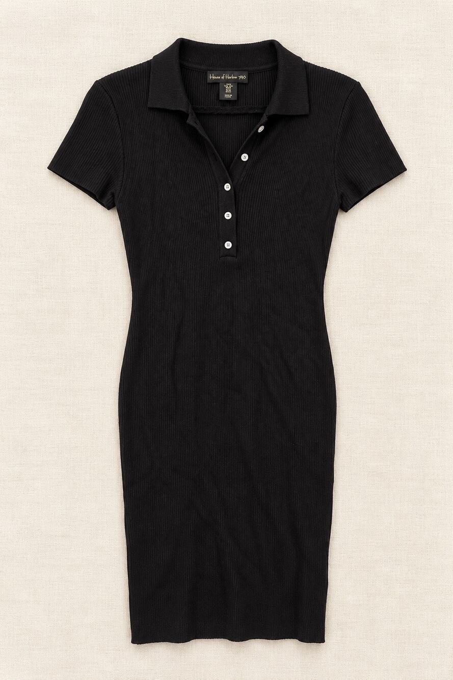 House of Harlow 1960 M Black Ribbed Polo Midi Dress Short Sleeve Button Front